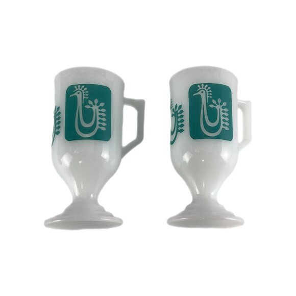 Set of 2 Vintage Federal Milk Glass Pedestal Mugs, Turquoise "Danish Rooster" - Picture 4 of 7